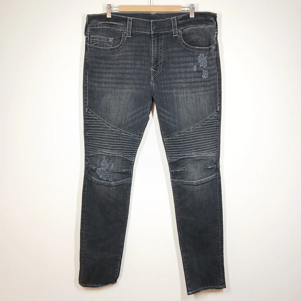 True Religion Rocco Jeans Men's 38 Black Distressed Moto Stretch Relaxed Skinny
